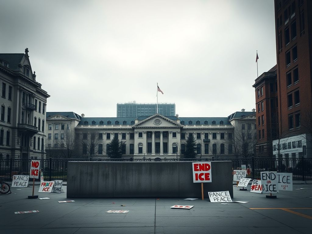 Flick International A stark urban scene of the University of Chicago campus with architectural details and protest signs.