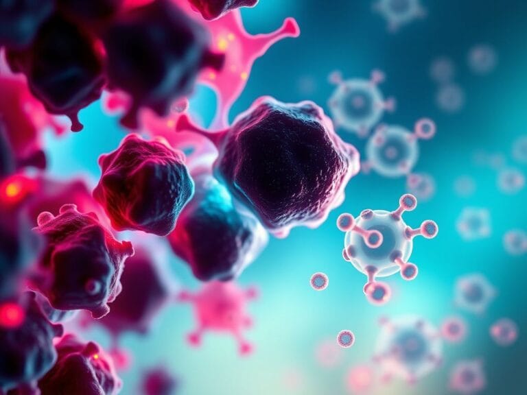 Flick International Close-up view of pancreatic cancer cells with vibrant sugar molecules under a microscope