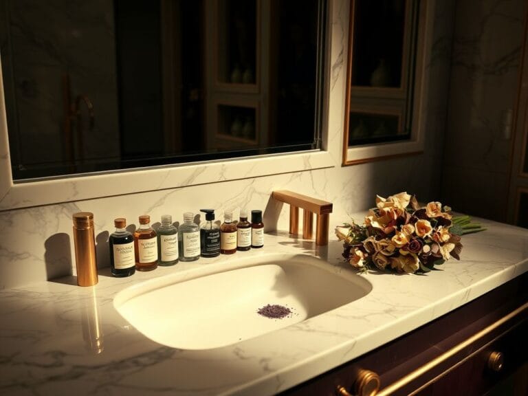 Flick International Luxurious bathroom setting featuring discreet luxury toiletries and unlabelled vials.