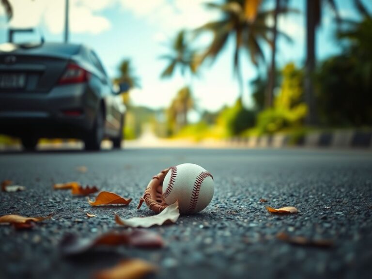 Flick International Parked car at the scene of a tragic accident in Venezuela with a baseball glove and ball on the pavement