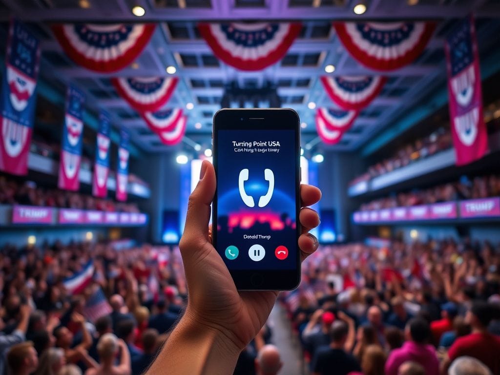 Flick International Eric Trump calling Donald Trump live on stage at Turning Point event in a university auditorium