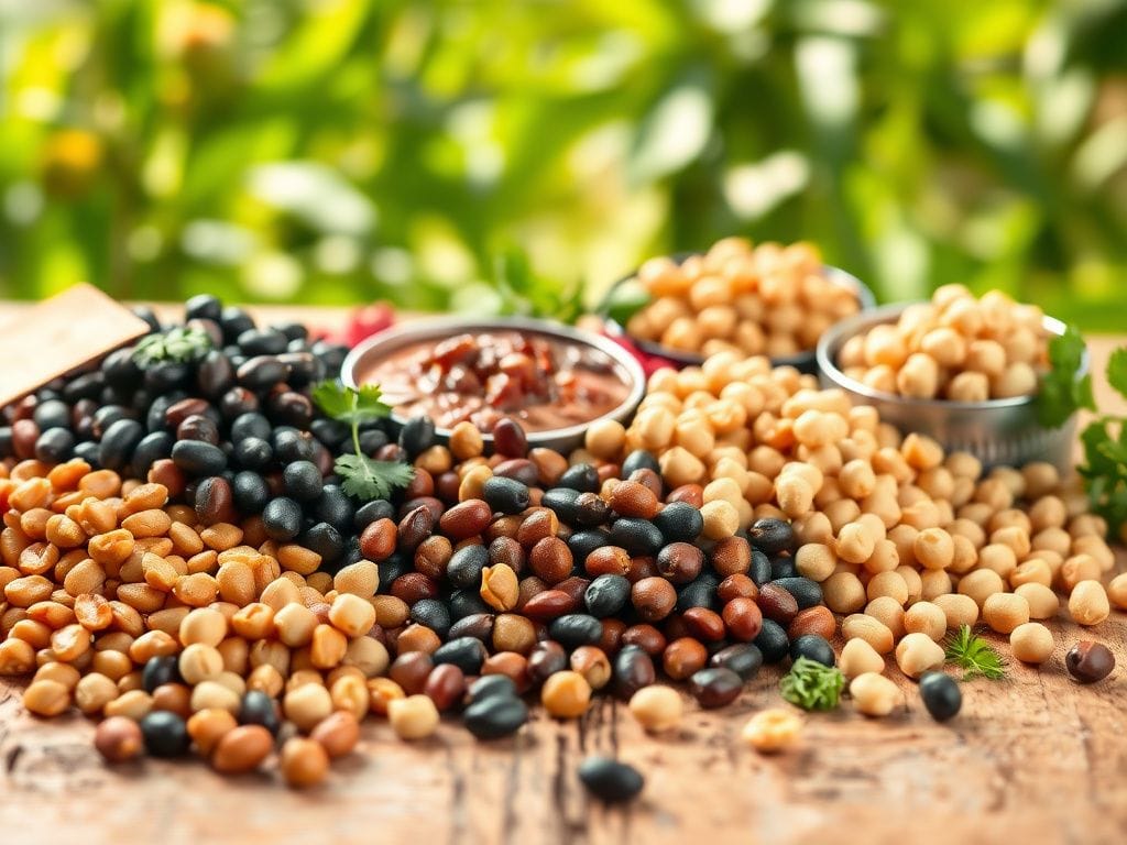 Flick International A vibrant assortment of cooked beans, lentils, and chickpeas artistically arranged on a rustic wooden table
