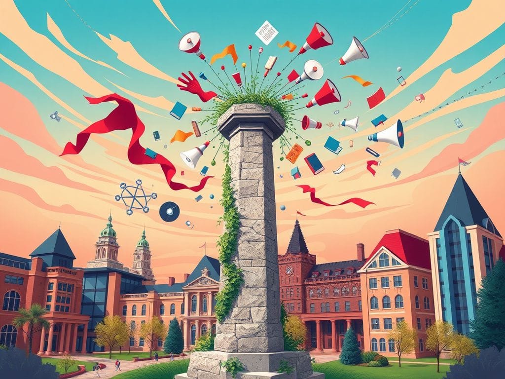 Flick International Abstract representation of a university campus highlighting free speech and viewpoint diversity