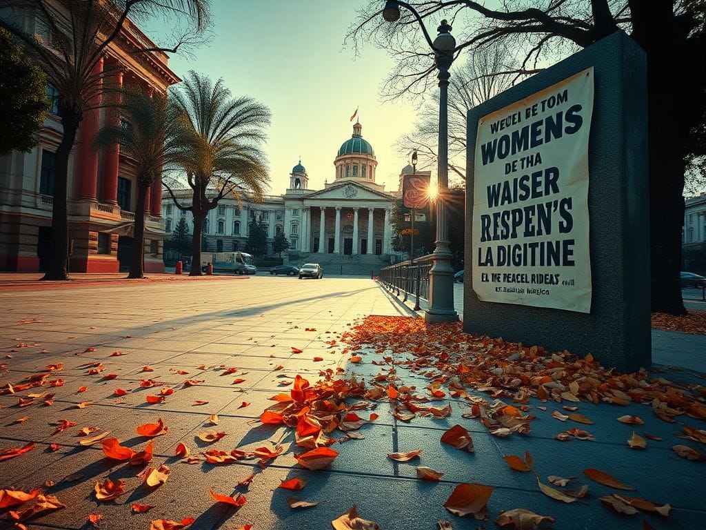 Flick International Empty public walkway in Mexico City with falling leaves and a weathered women's rights poster