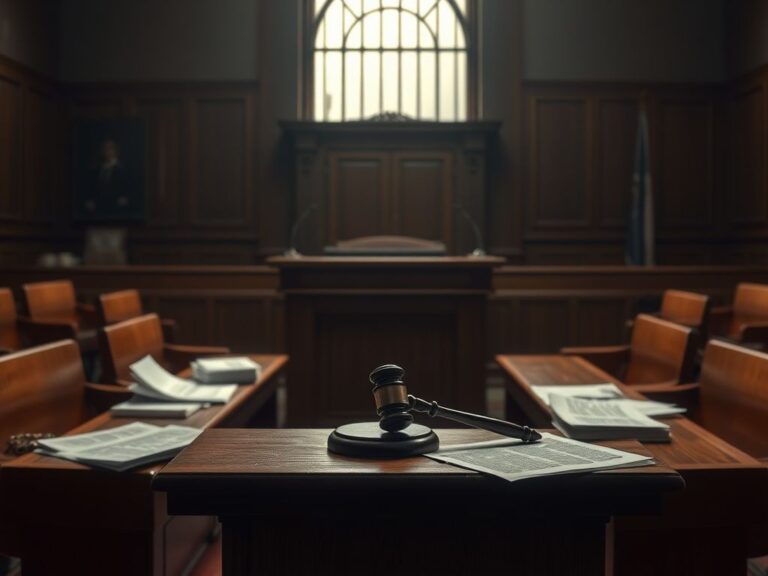 Flick International Dimly lit courtroom scene with imposing wooden benches and a high judge's bench, reflecting Diddy's legal battle.