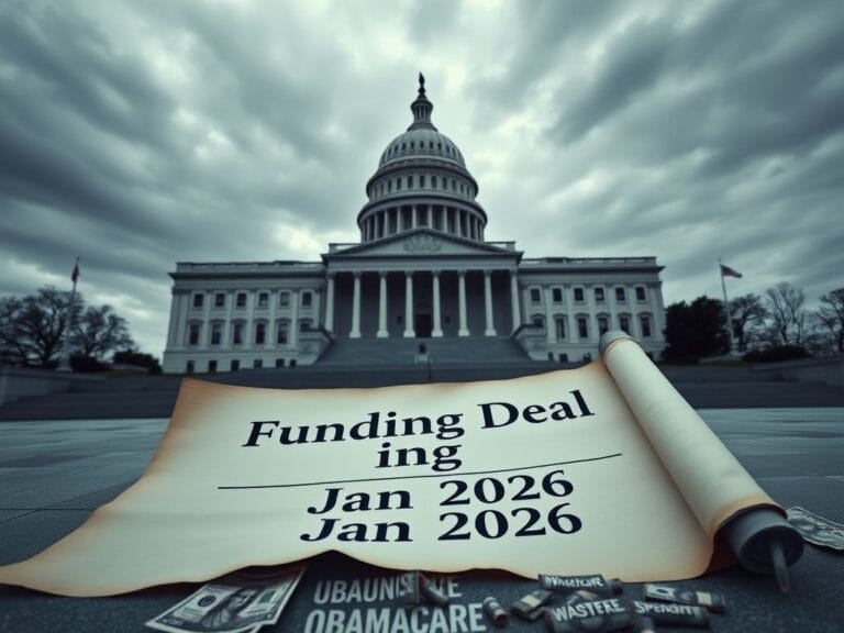 Flick International Vast, empty U.S. Capitol building under a cloudy sky with a scroll and dollar bills symbolizing the government shutdown