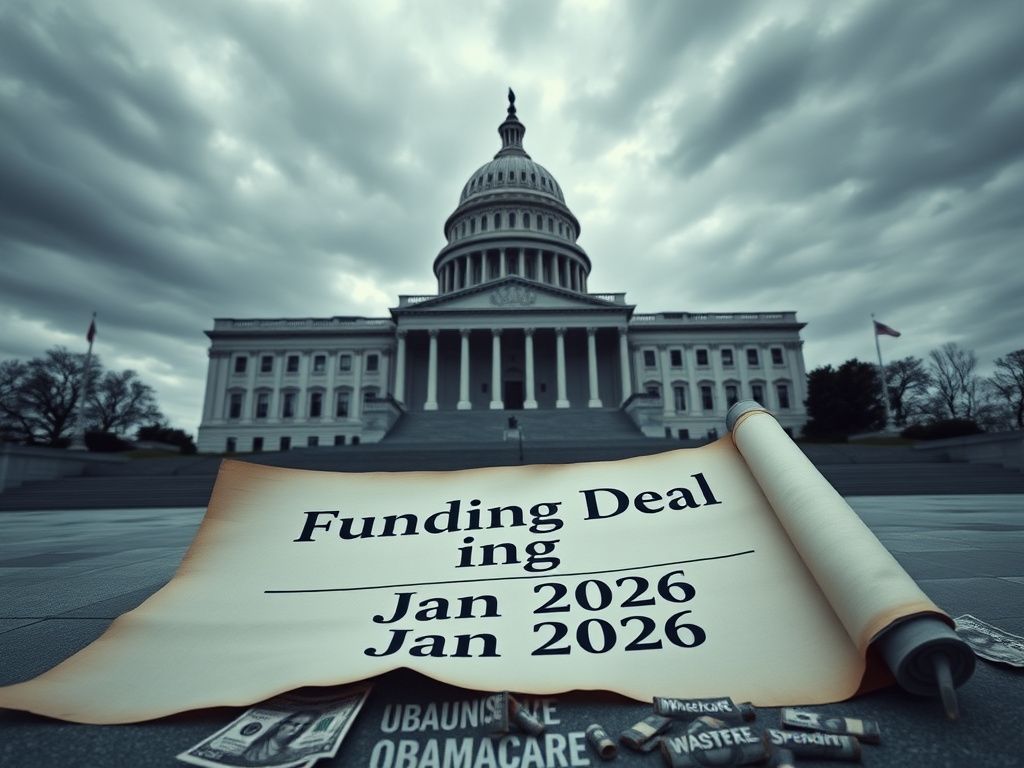 Flick International Vast, empty U.S. Capitol building under a cloudy sky with a scroll and dollar bills symbolizing the government shutdown
