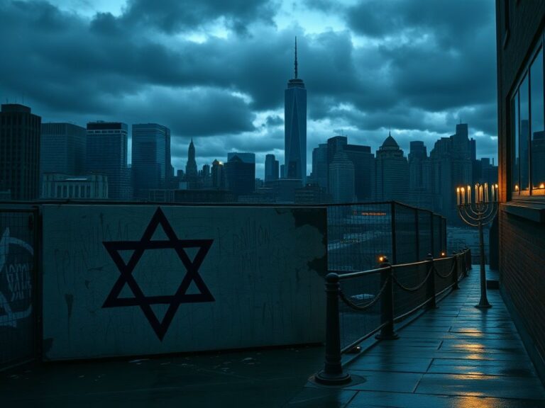 Flick International A twilight cityscape of New York with a partially defaced Star of David mural symbolizing the Jewish community's challenges.