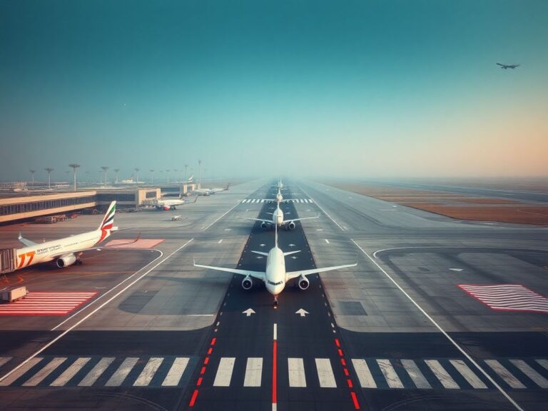 Flick International Aerial view of a busy airport runway showing reduced activity with fewer planes flying and parked.