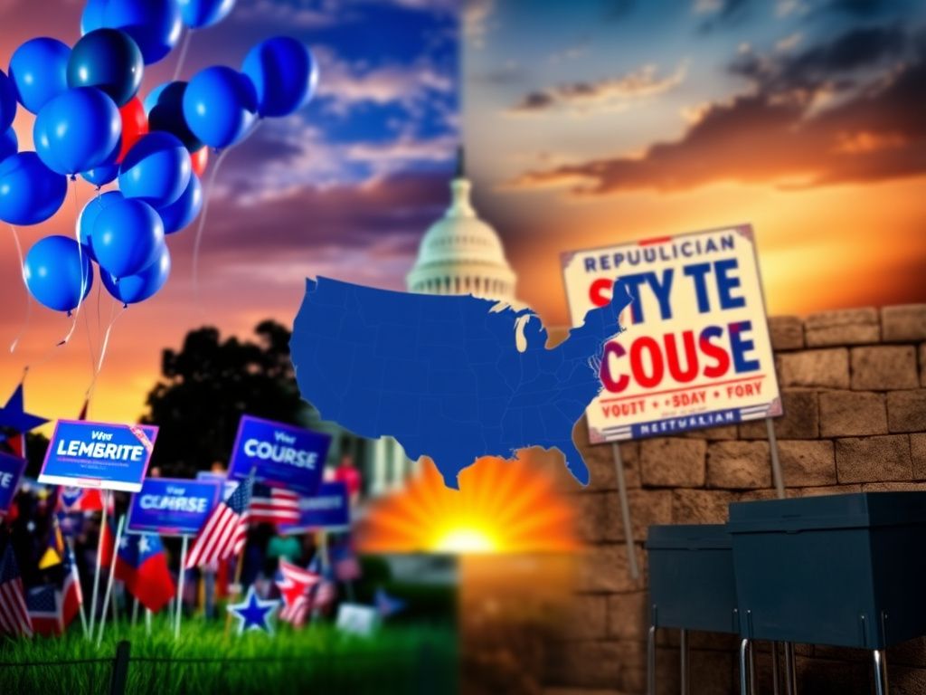 Flick International Colorful depiction of a vibrant Democratic celebration contrasting with a muted Republican skepticism in a political landscape