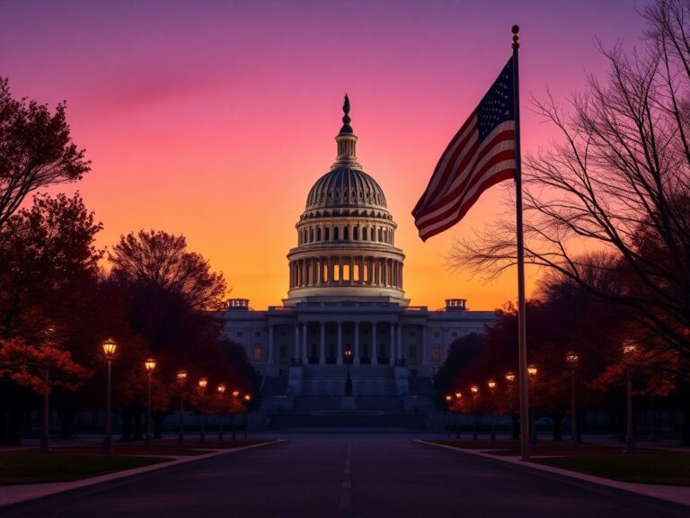 Flick International U.S. Capitol building at dusk with American flag and autumn trees