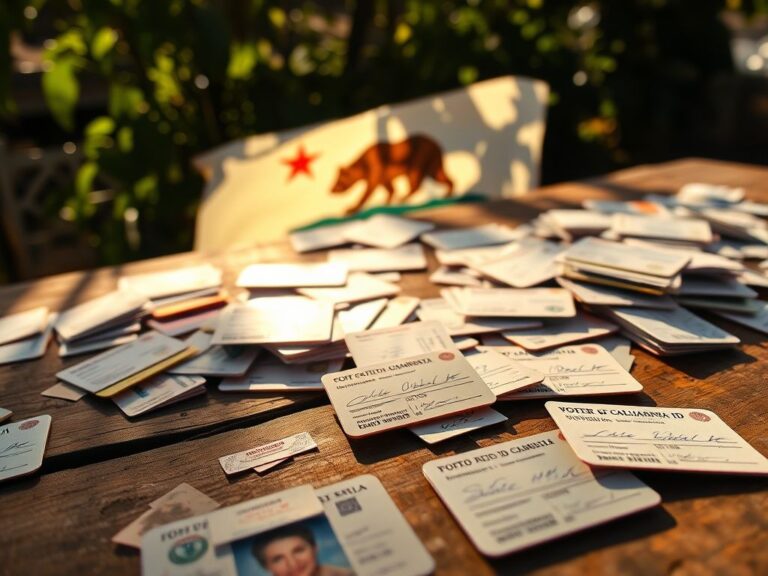 Flick International Close-up of a weathered wooden table with colorful petition signatures for voter ID in California