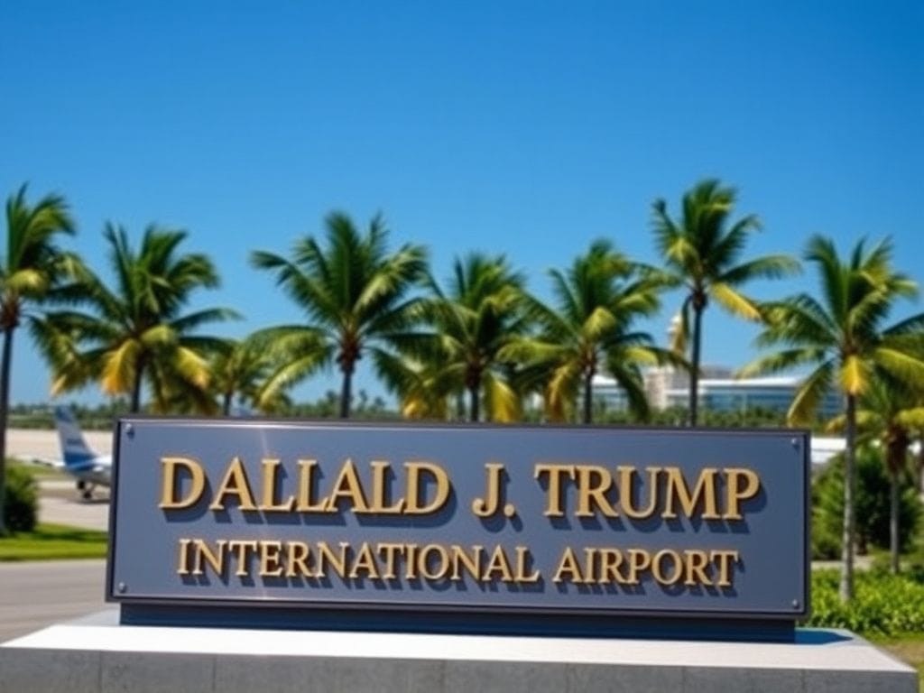 Flick International A detailed view of an airport sign reading 'Donald J. Trump International Airport' at Palm Beach International Airport