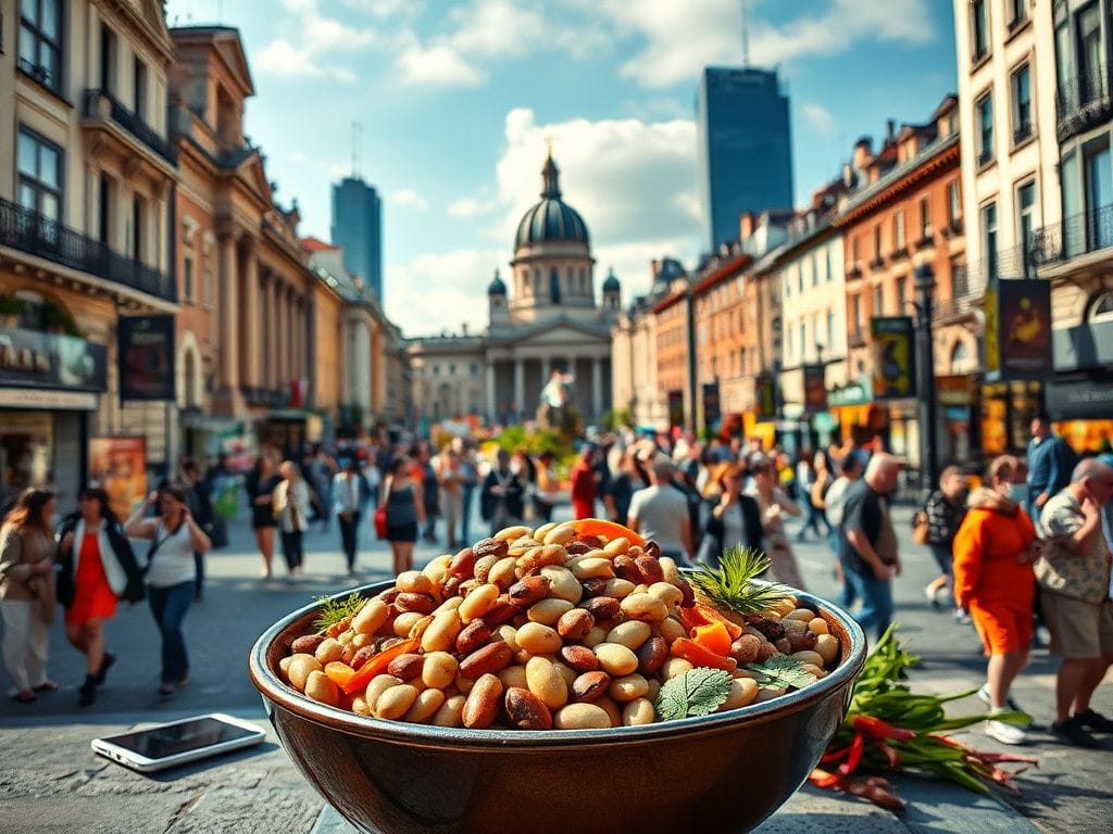 Flick International A bustling urban landscape featuring iconic architecture alongside elements symbolizing theft and a vibrant bowl of beans representing the 'BeanTok' trend.