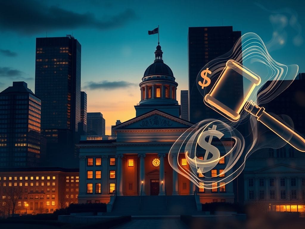 Flick International Majestic modern city hall at dusk with glowing windows and towering skyscrapers in the background