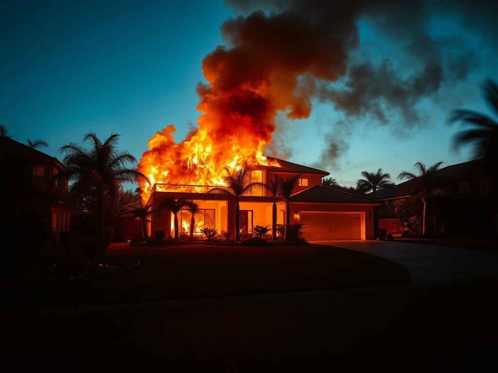 Flick International A luxurious two-story home engulfed in flames during a fire incident in Florida.