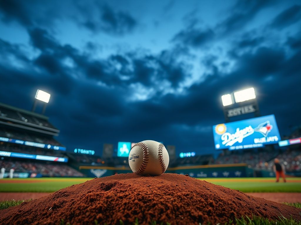 Flick International A dramatic nighttime baseball game featuring the Toronto Blue Jays and Los Angeles Dodgers at a vibrant stadium.