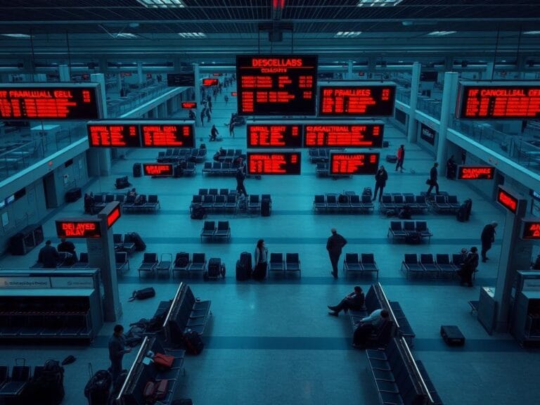 Flick International Bustling airport scene showing empty check-in counters and scattered luggage