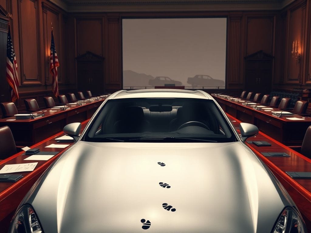 Flick International A tense Senate committee hearing room with scattered papers and a silver car outside the window