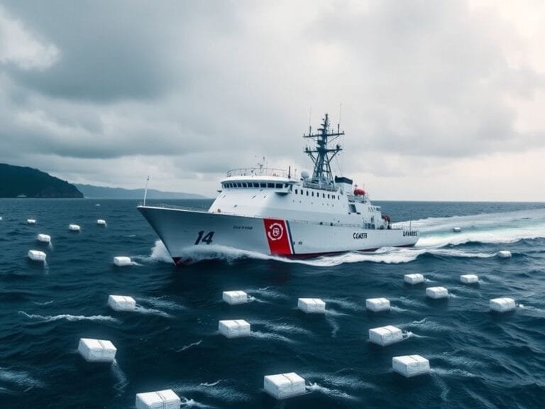 Flick International A dramatic aerial view of a Coast Guard ship navigating turbulent ocean waves, surrounded by floating bales of cocaine.