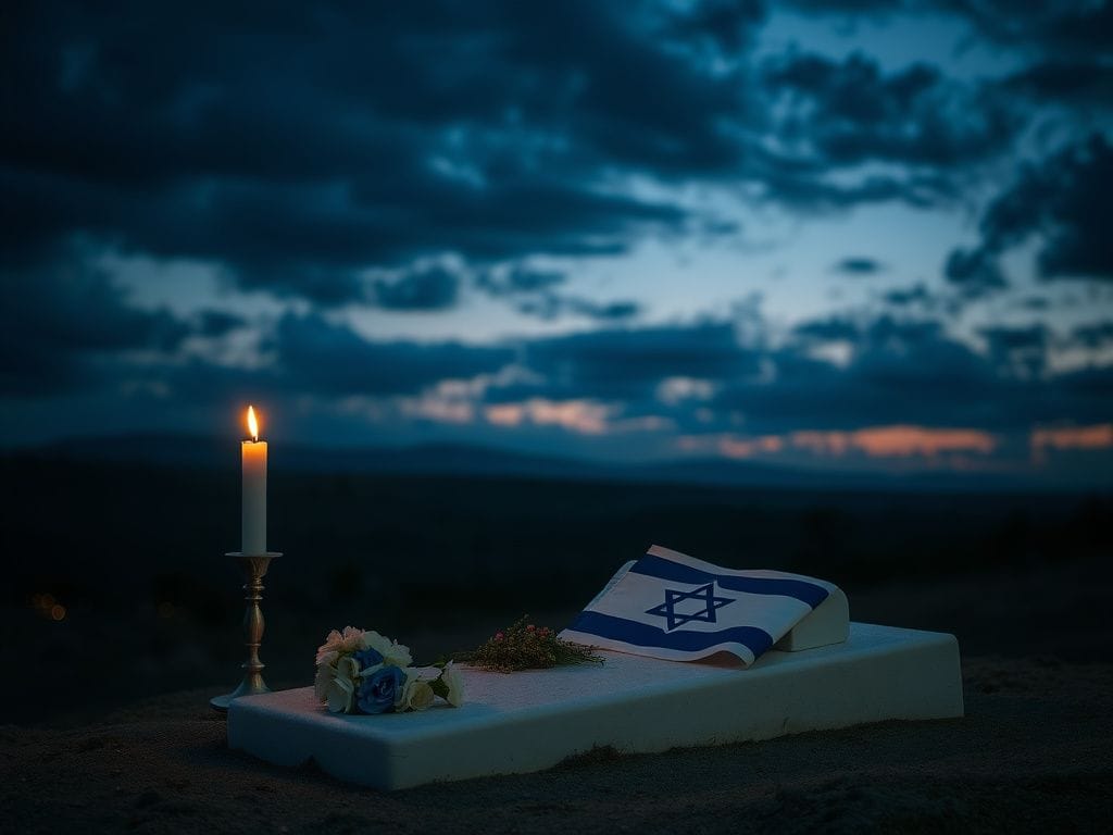 Flick International Serene Israeli landscape at dusk featuring a white grave with flowers and a flickering candle, symbolizing loss and hope