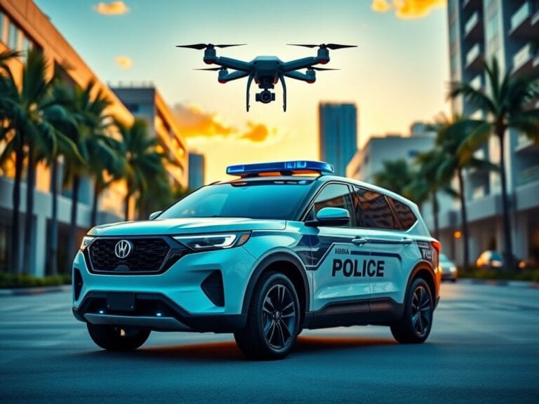 Flick International Futuristic self-driving police SUV parked on a Miami-Dade street.