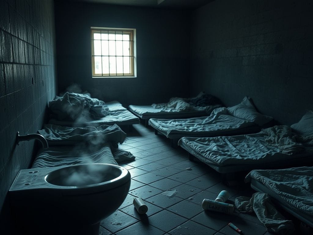 Flick International Overcrowded detention cell with narrow sleeping mats and overflowing toilet