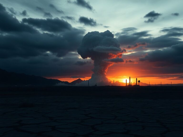 Flick International Ominous mushroom cloud rising in a barren landscape symbolizing nuclear test threats