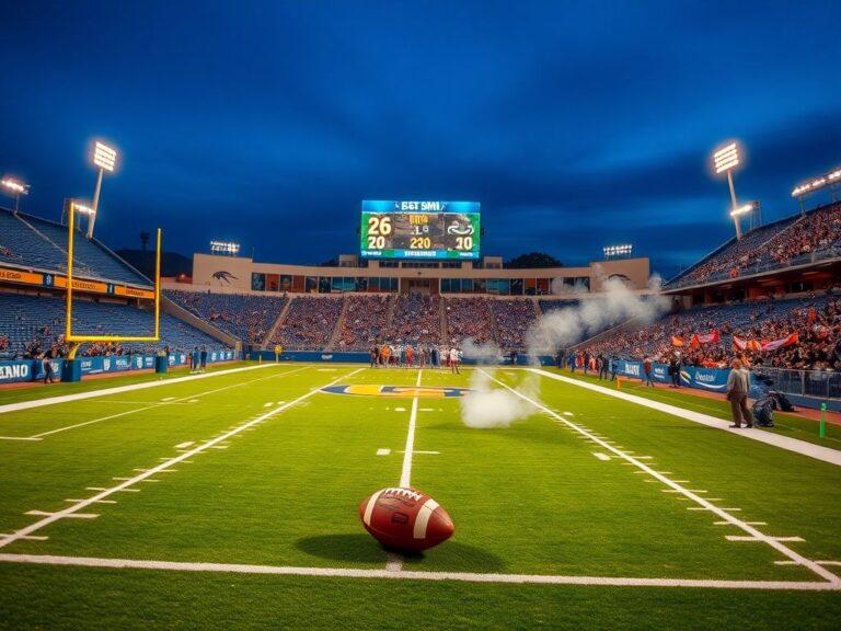 Flick International Aerial view of SMU football stadium at night with scoreboard showing 26-20