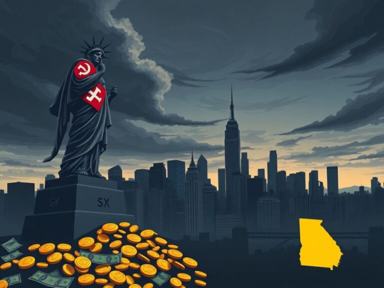 Flick International Dramatic illustration of New York City skyline at dusk with a contrasting political statue