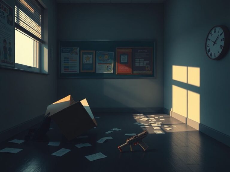 Flick International Empty classroom with overturned desk, scattered papers, and an abandoned backpack, evoking a sense of loss.