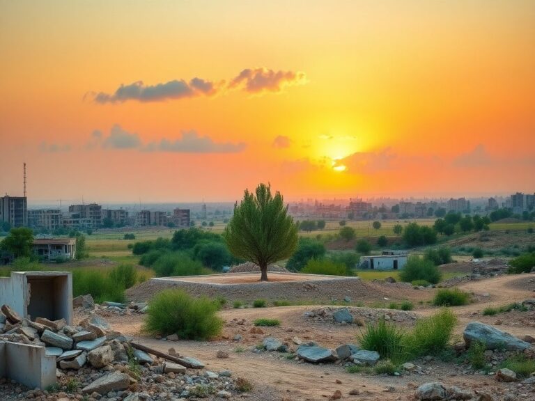 Flick International Panoramic view of a serene landscape in Gaza showing abandoned buildings and an olive tree under a hopeful sunrise