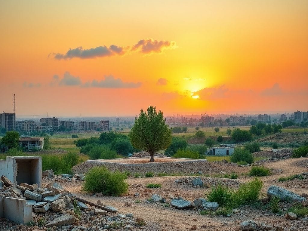Flick International Panoramic view of a serene landscape in Gaza showing abandoned buildings and an olive tree under a hopeful sunrise