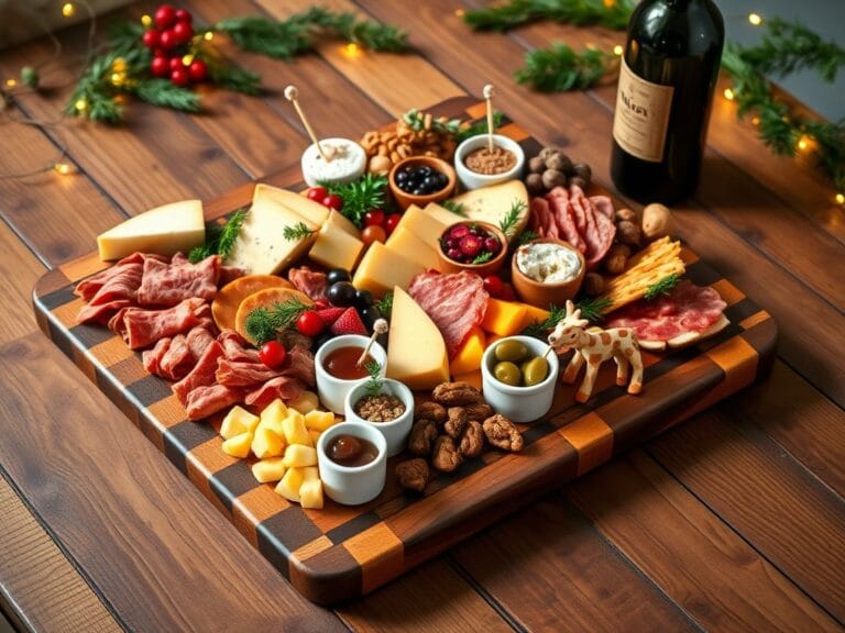 Flick International A beautifully arranged holiday charcuterie board featuring a walnut serving board with cheeses, cured meats, fruits, and festive decorations.