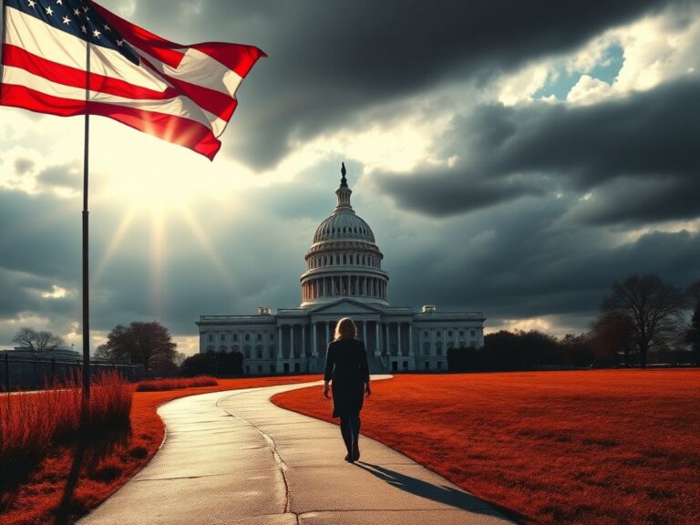 Flick International A vibrant American flag waves in front of a Capitol building under contrasting sunlight and dark clouds, symbolizing political change.