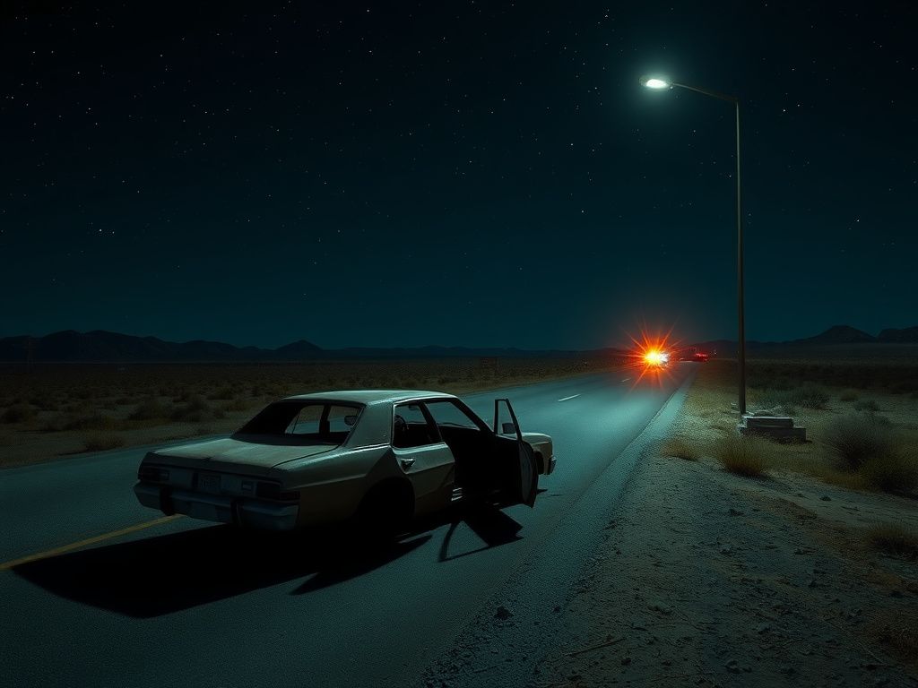 Flick International A desolate Texas highway scene at night with an abandoned car