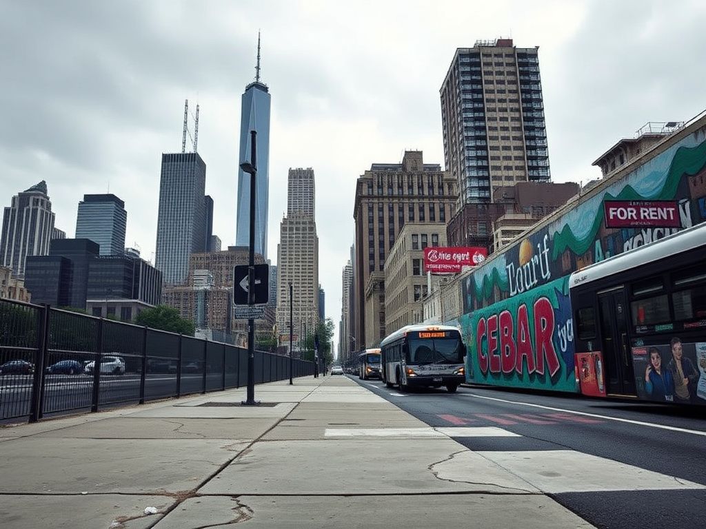 Flick International A dramatic urban cityscape of New York City showcasing skyscrapers and a busy street, highlighting economic struggle and hope.