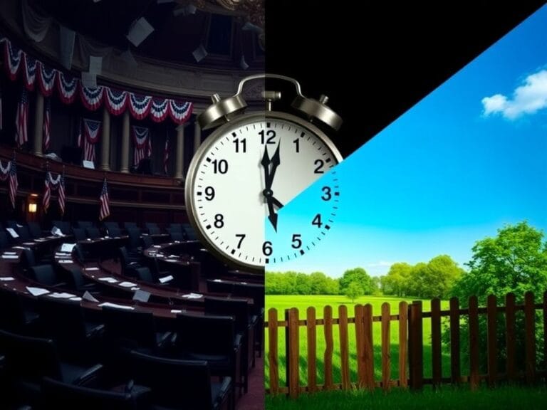 Flick International Chaotic congressional chamber juxtaposed with a hopeful garden landscape