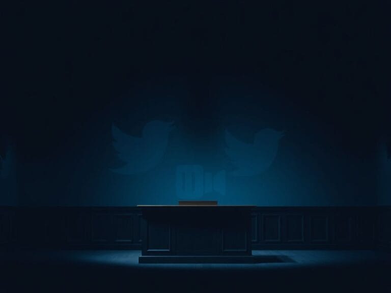 Flick International Dimly lit courtroom with a wooden judge's bench and shadows