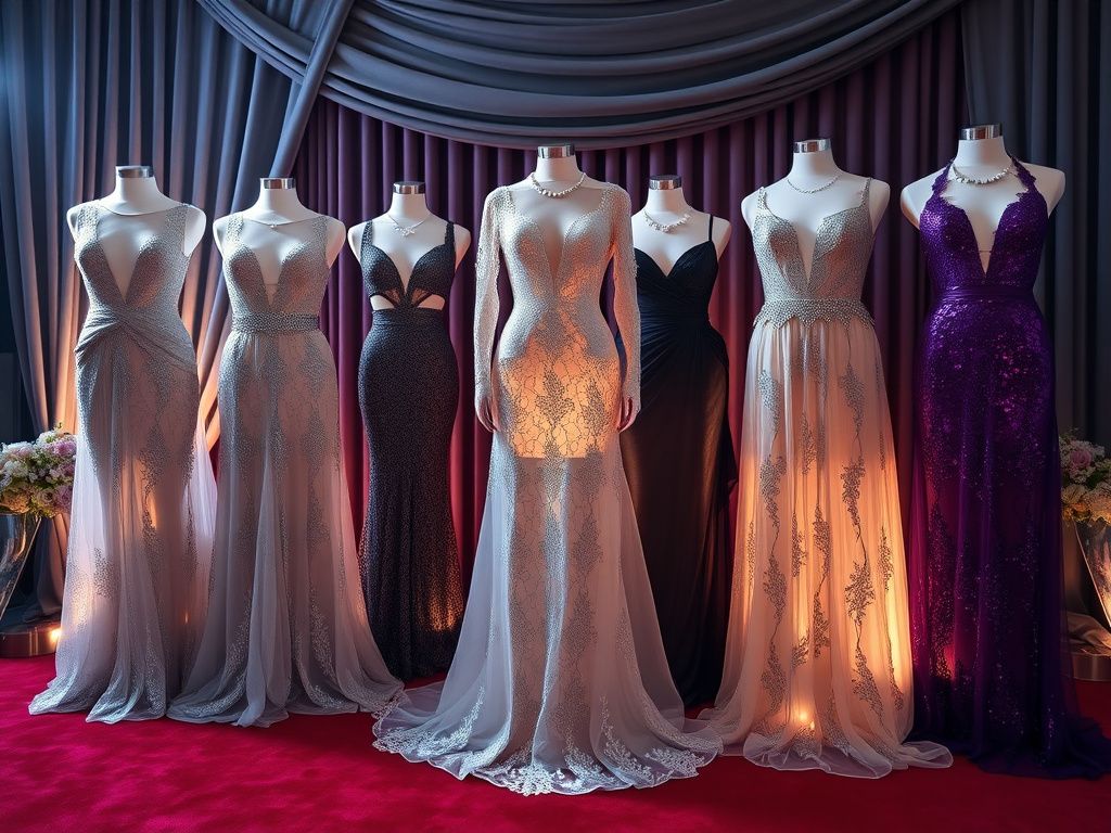 Flick International Luxurious sheer gowns displayed on invisible mannequins in an elegant red carpet setting