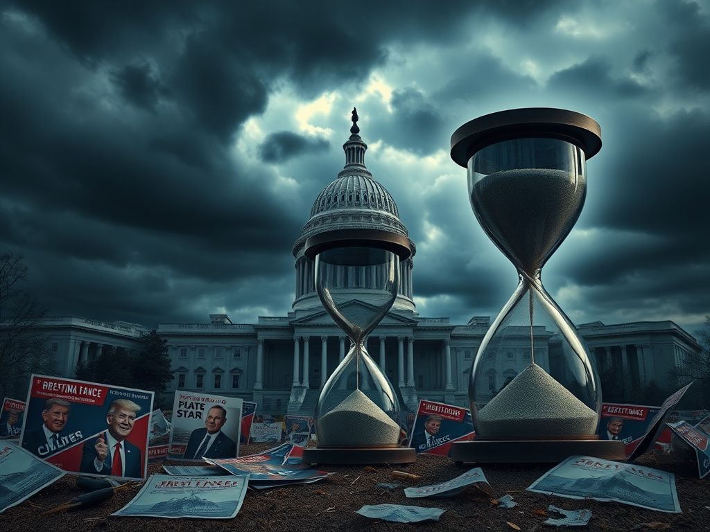 Flick International Dramatic scene of the U.S. Capitol building under dark clouds symbolizing political turmoil