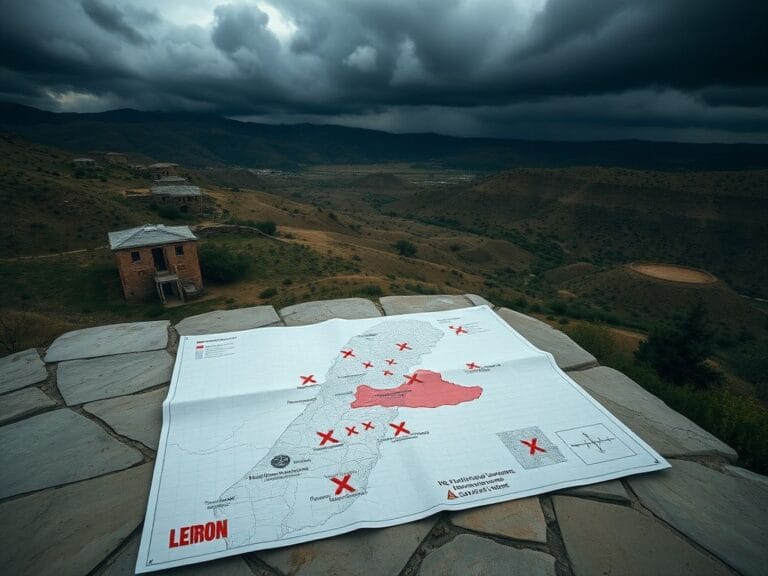 Flick International Aerial view of southern Lebanon with military installations and evacuation map