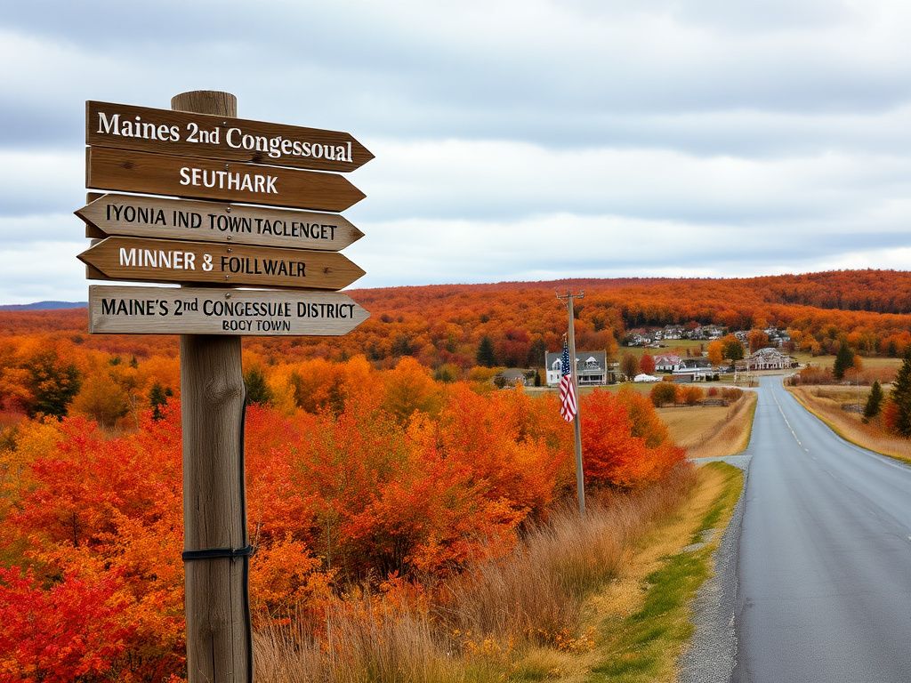 Flick International Rural landscape of Maine's 2nd Congressional District in autumn with vibrant foliage and a signpost.