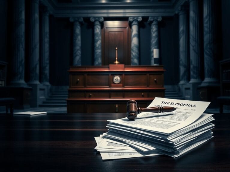 Flick International Dark courtroom with grand marble columns and a focus on a stack of subpoenas