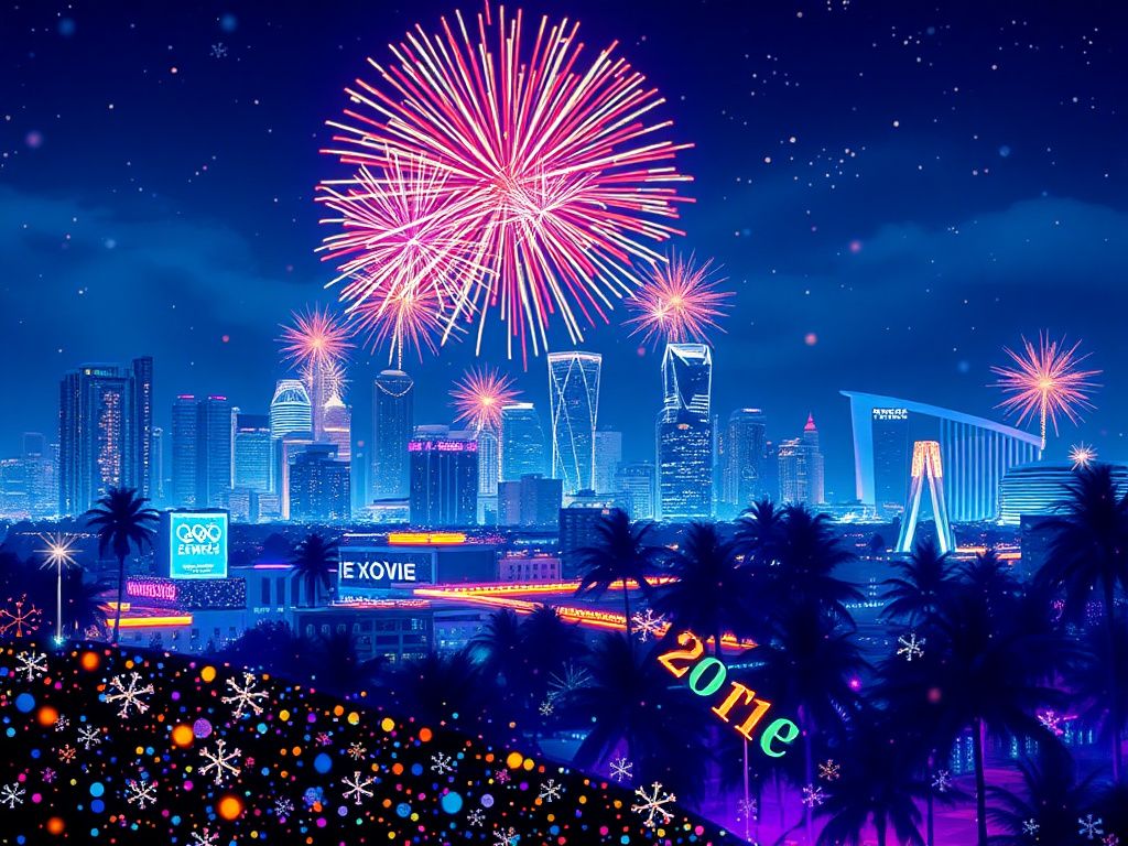 Flick International A vibrant cityscape of Miami at New Year's Eve with colorful fireworks