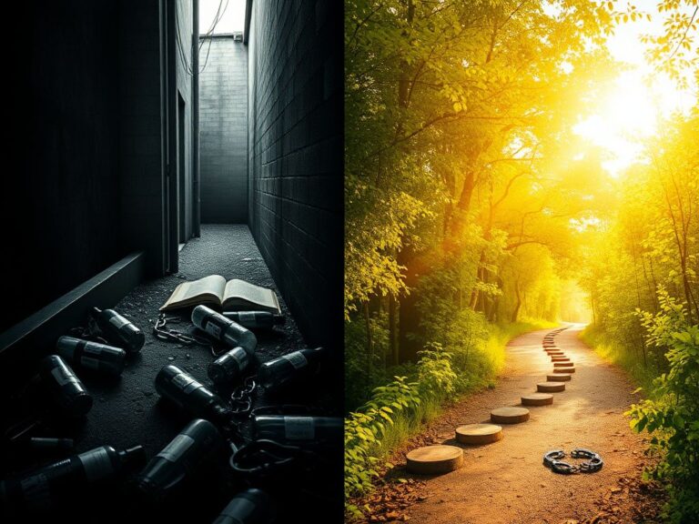 Flick International A split image depicting Bunnie XO's journey from addiction to recovery, featuring a somber alleyway on the left and a sunlit forest path on the right
