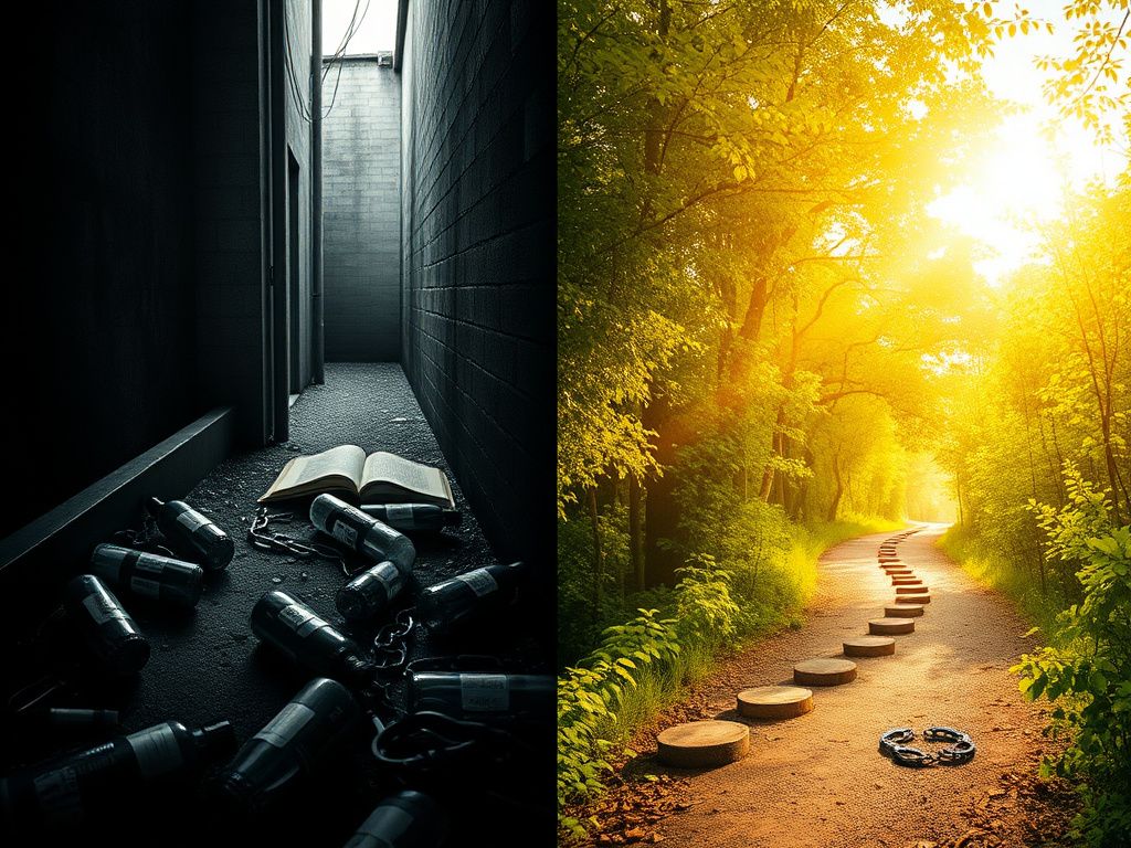 Flick International A split image depicting Bunnie XO's journey from addiction to recovery, featuring a somber alleyway on the left and a sunlit forest path on the right