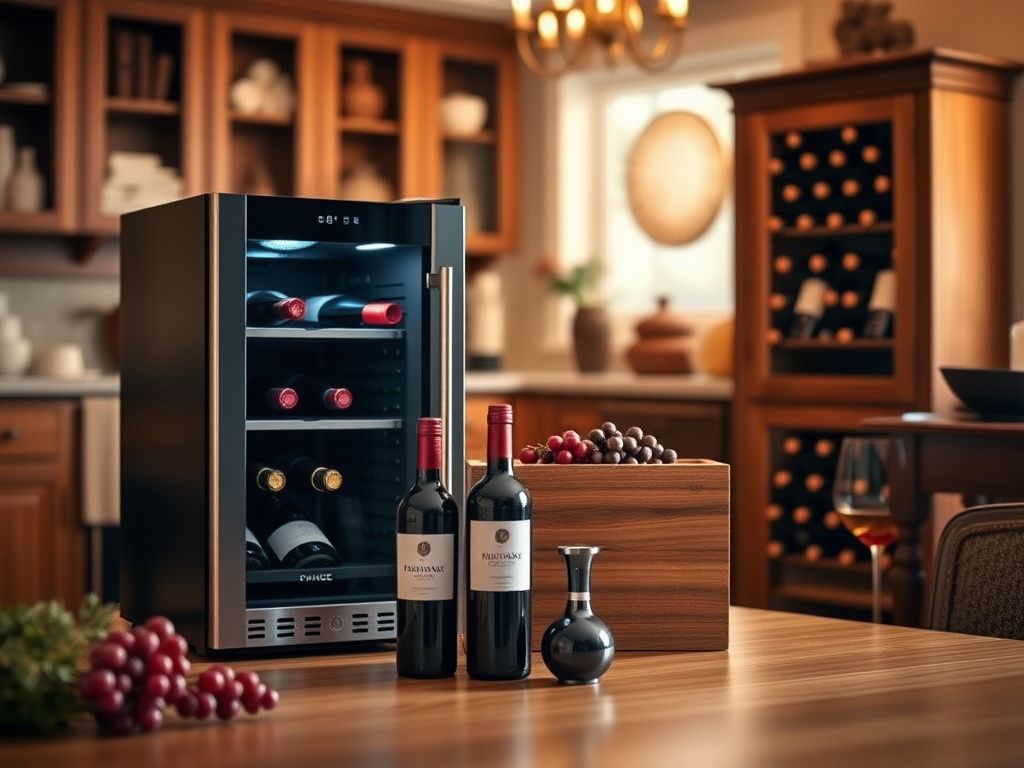 Flick International modern 12-bottle wine fridge with a glass door showcasing elegant wine gifts