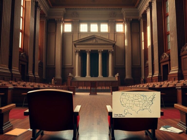 Flick International Empty, ornate Supreme Court room showing velvet-lined chairs and tariff documents