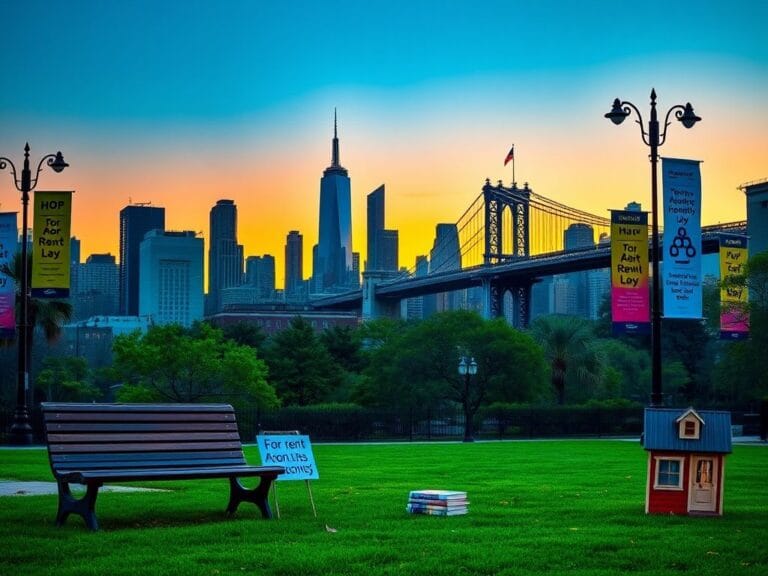 Flick International Vibrant New York City skyline at dusk with park benches and symbolic objects representing Gen Z concerns